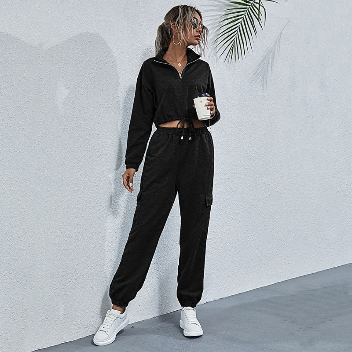 Stamd Up Collared Neck Tie Waist Leg Pocket Sport Lounge Sets