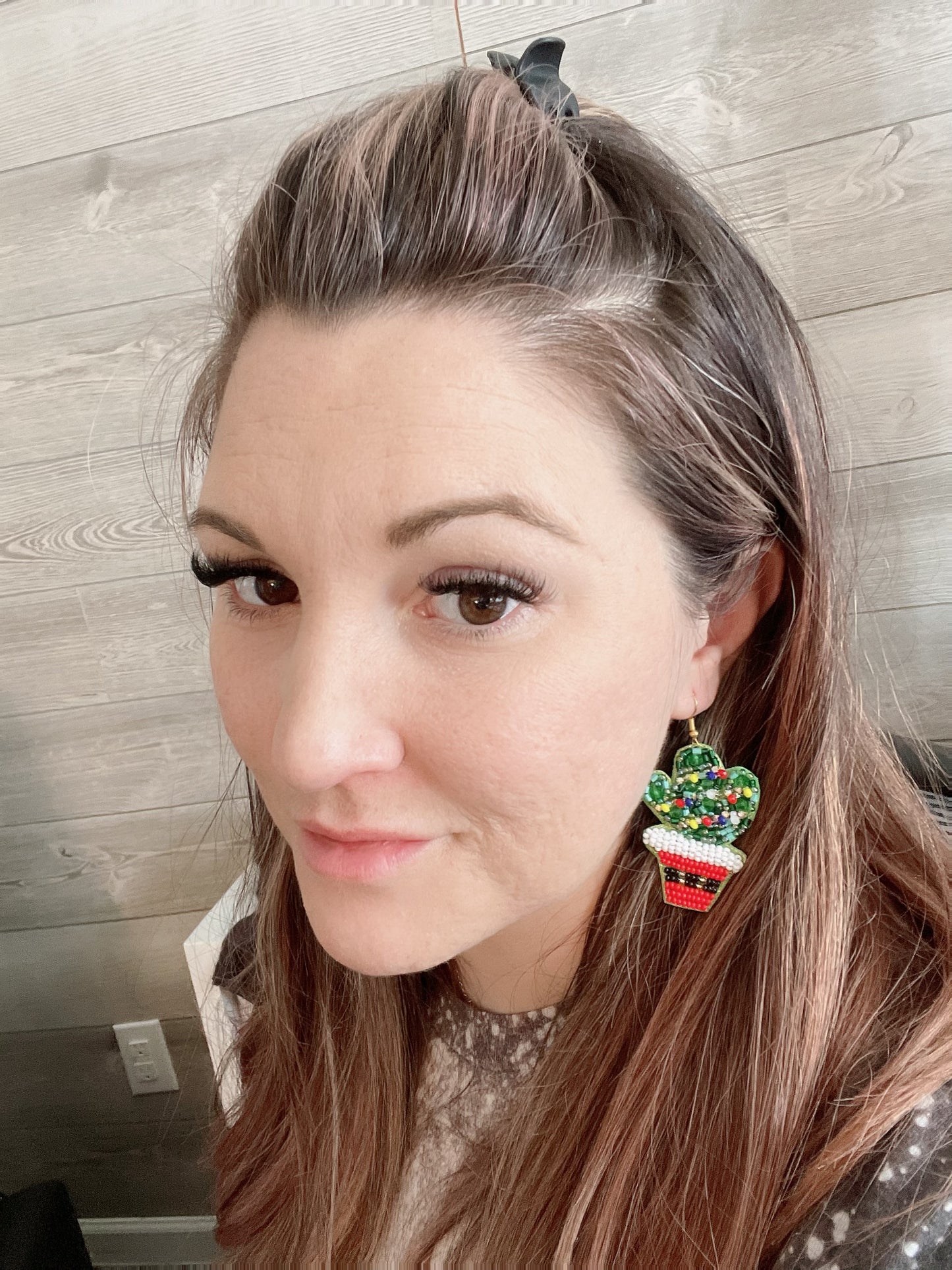 Christmas Cactus Dangling Seed Bead Earrings