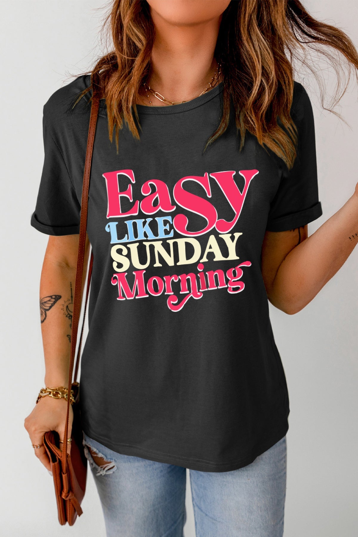 Black Easy LIKE SUNDAY Morning Letter Print T Shirt