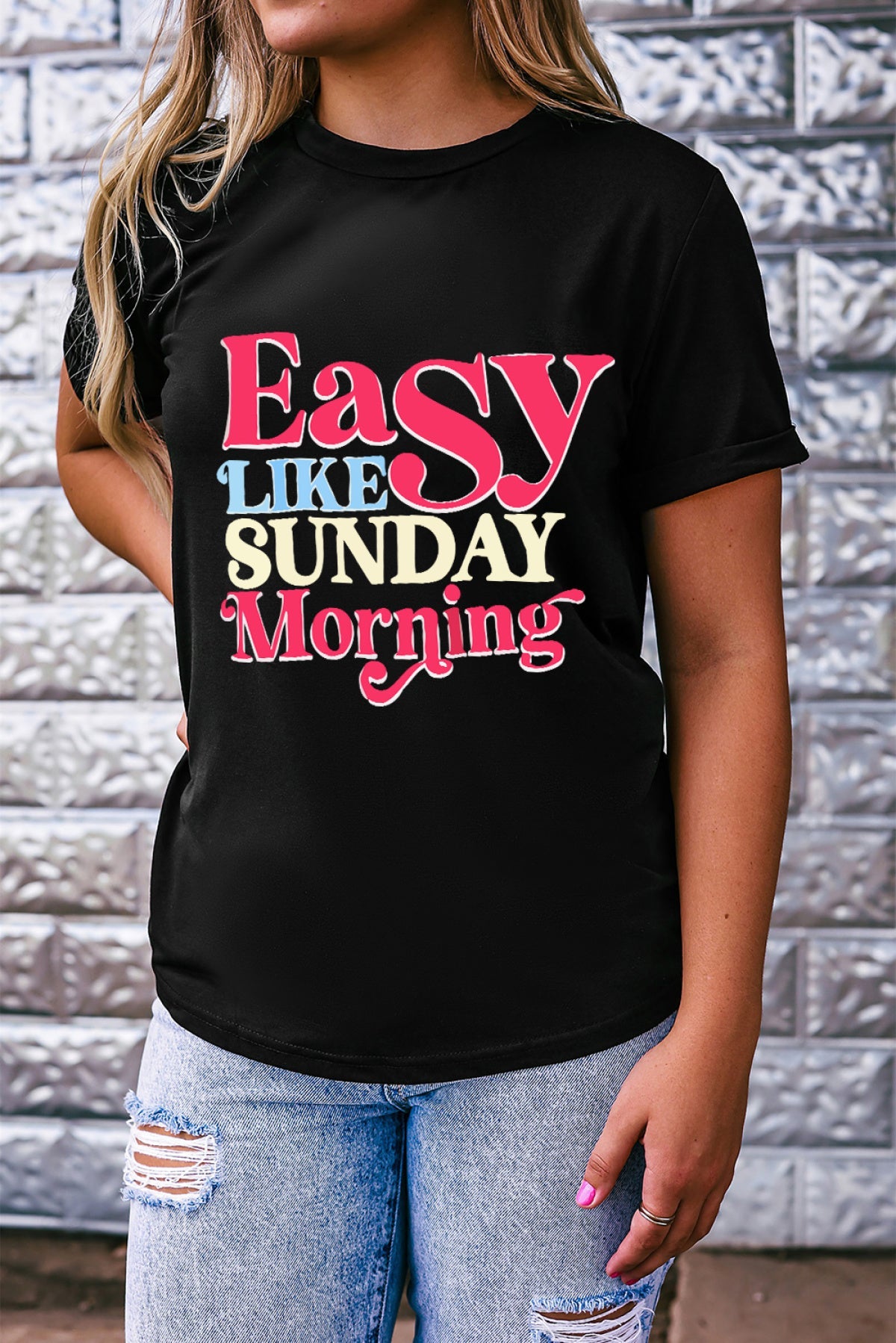 Black Easy LIKE SUNDAY Morning Letter Print T Shirt