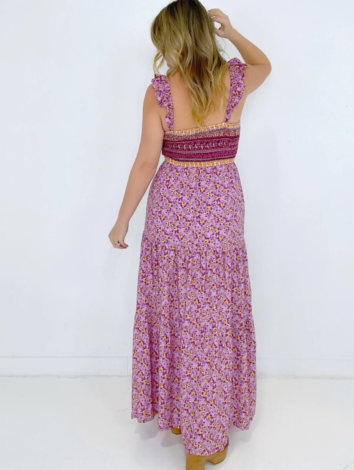 Pink Shirred Ruffled Sleeveless Floral Maxi Dress
