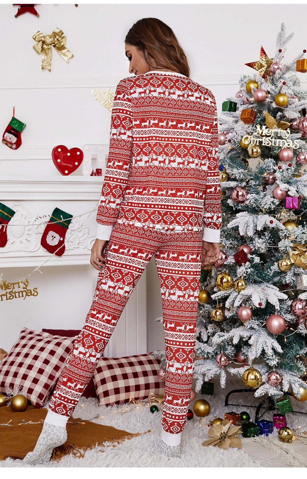 Christmas Deer Print Round Neck Top & Pants Lounge Set
