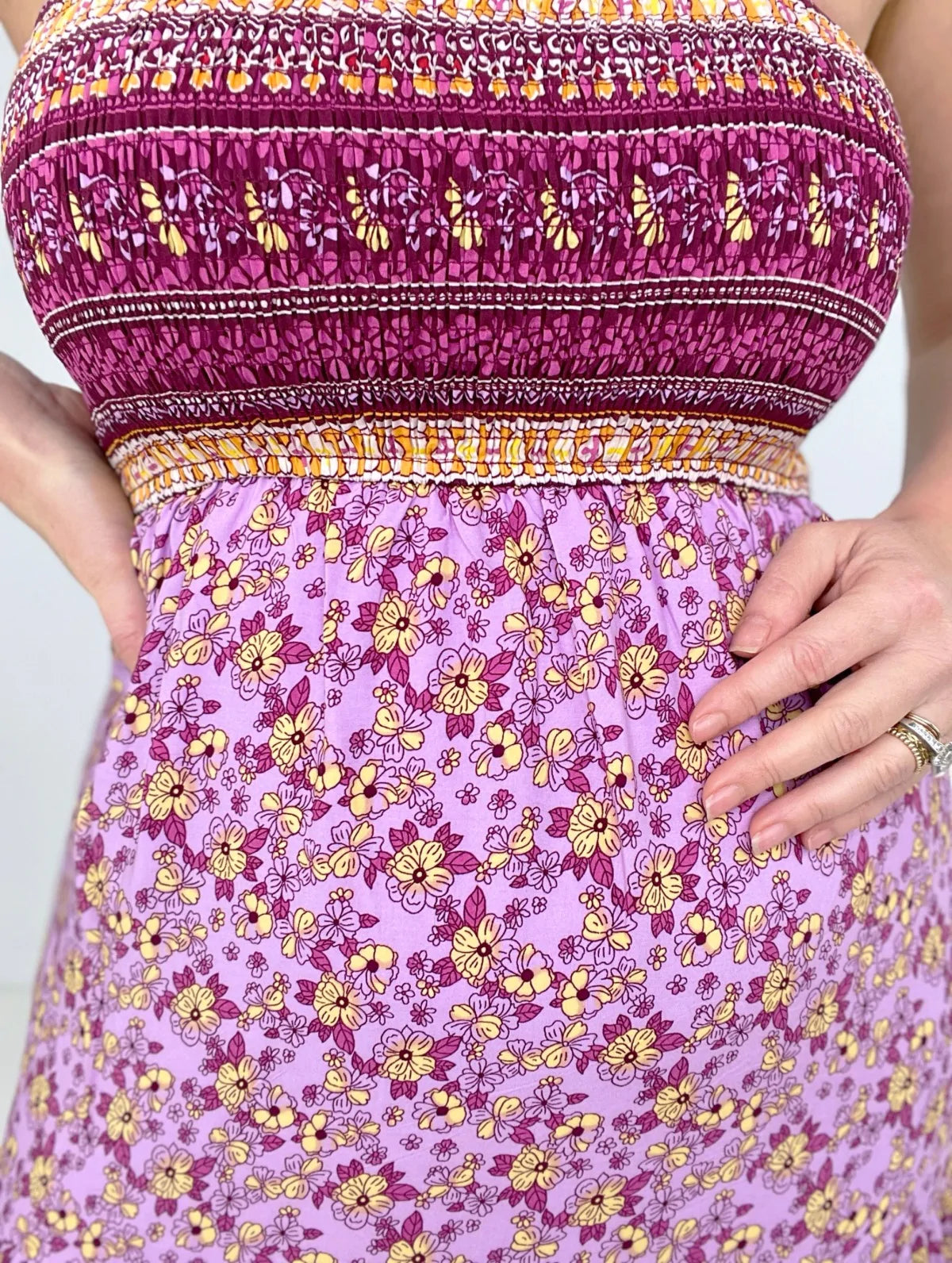 Pink Shirred Ruffled Sleeveless Floral Maxi Dress