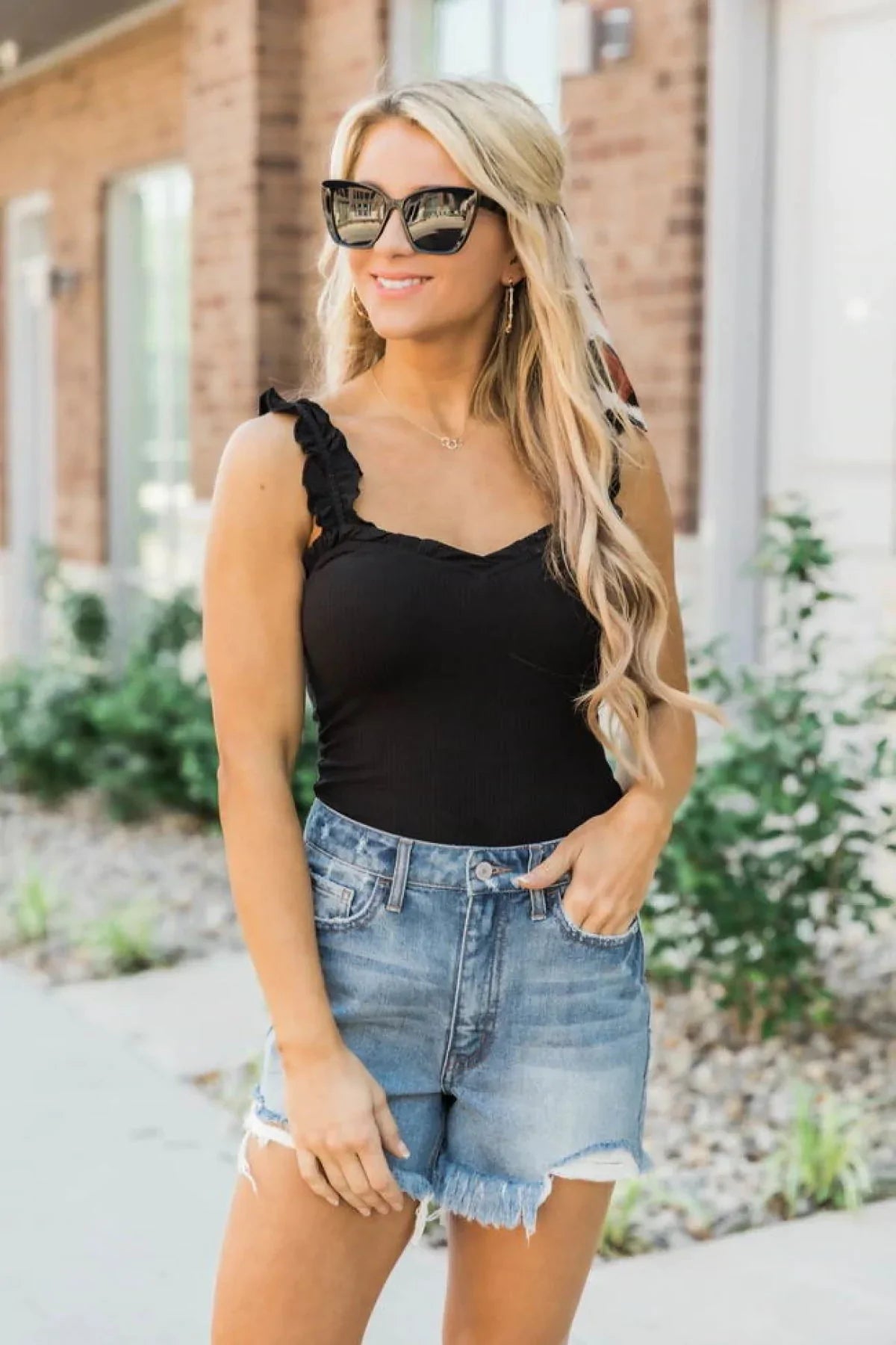 Copy of Solid Frilled Trim Ribbed Cami Bodysuit