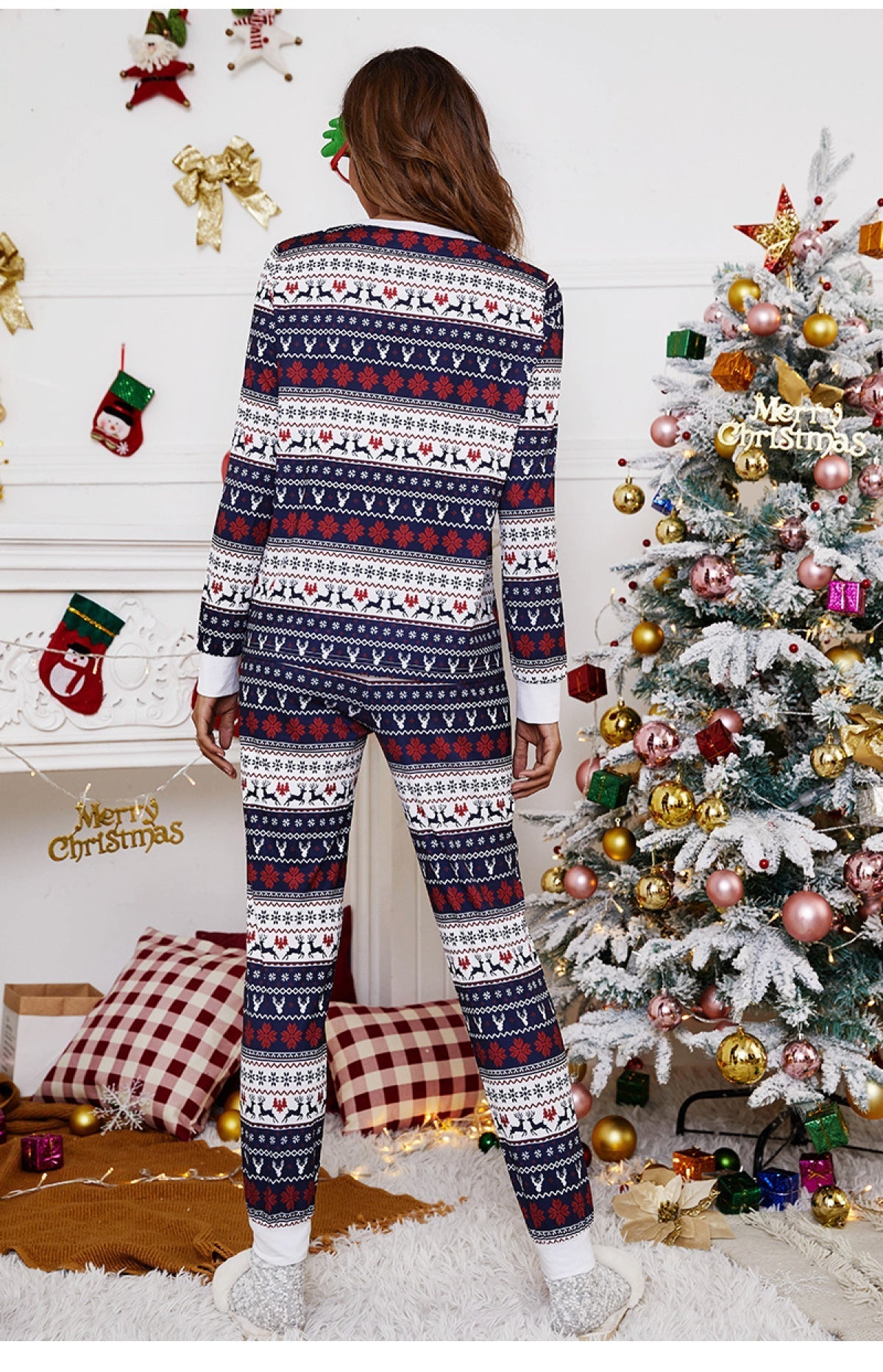 Christmas Deer Print Round Neck Top & Pants Lounge Set