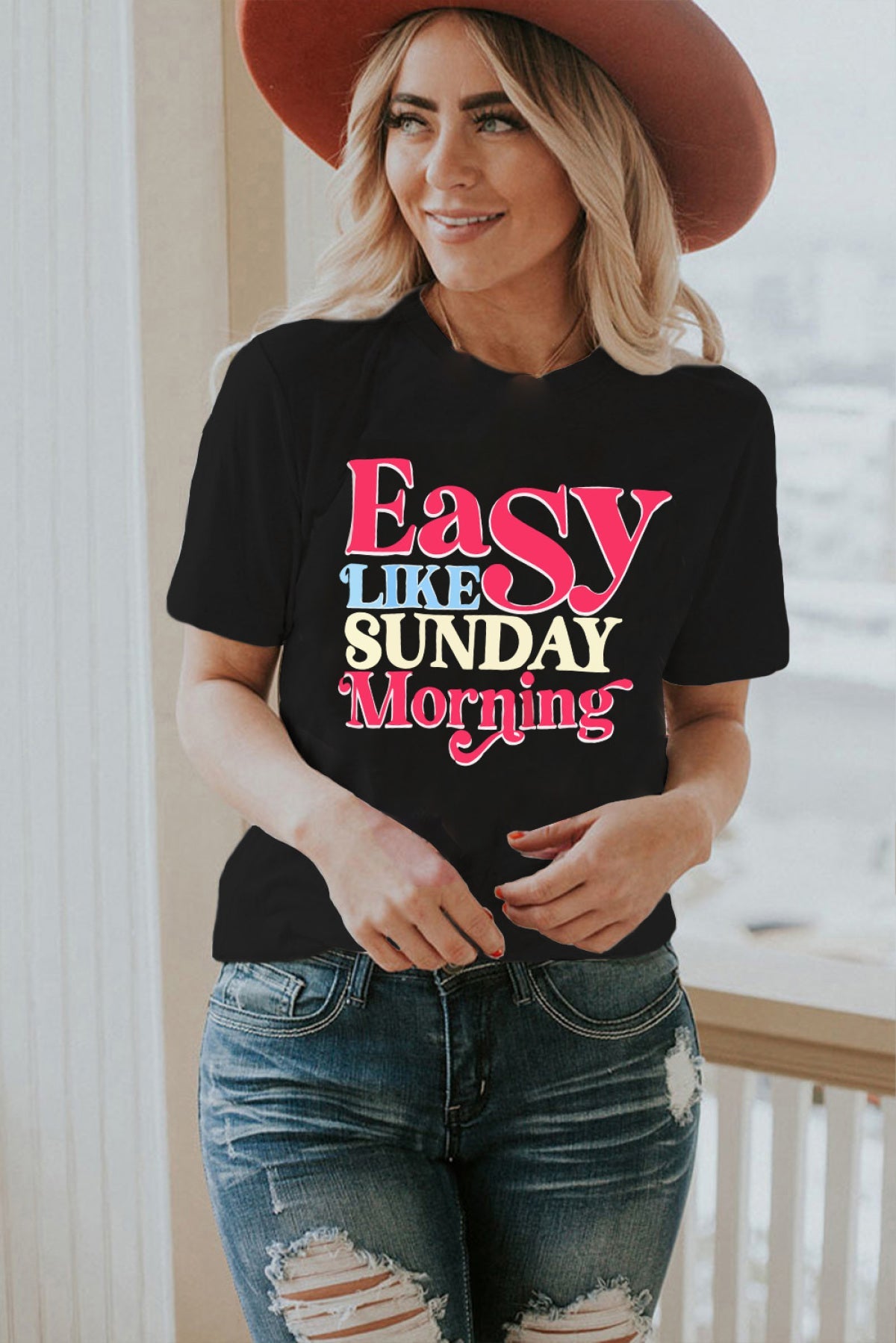 Black Easy LIKE SUNDAY Morning Letter Print T Shirt