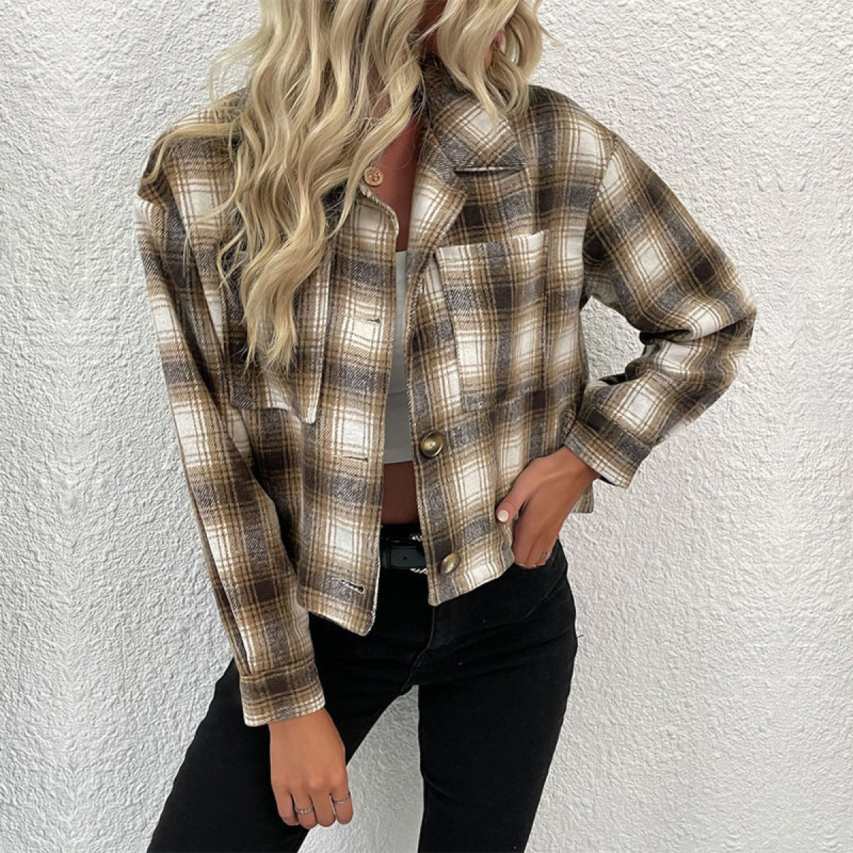 Collared Neck Long Sleeve Button Down Pocket Plaid Short Coat