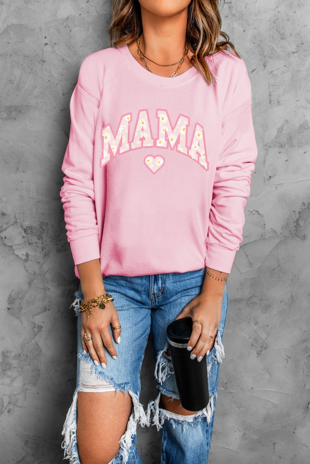 Pink Mama Letter Print Daisy Shading Sweatshirt