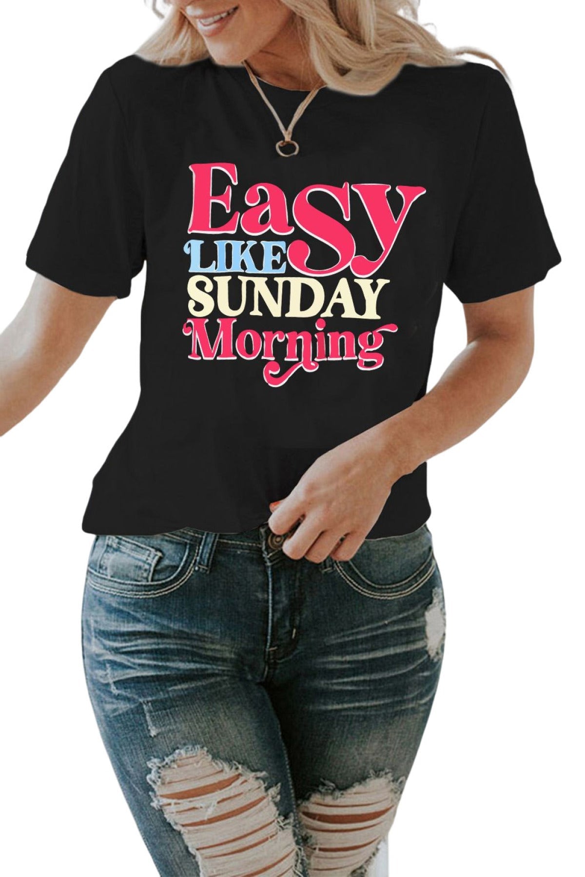 Black Easy LIKE SUNDAY Morning Letter Print T Shirt