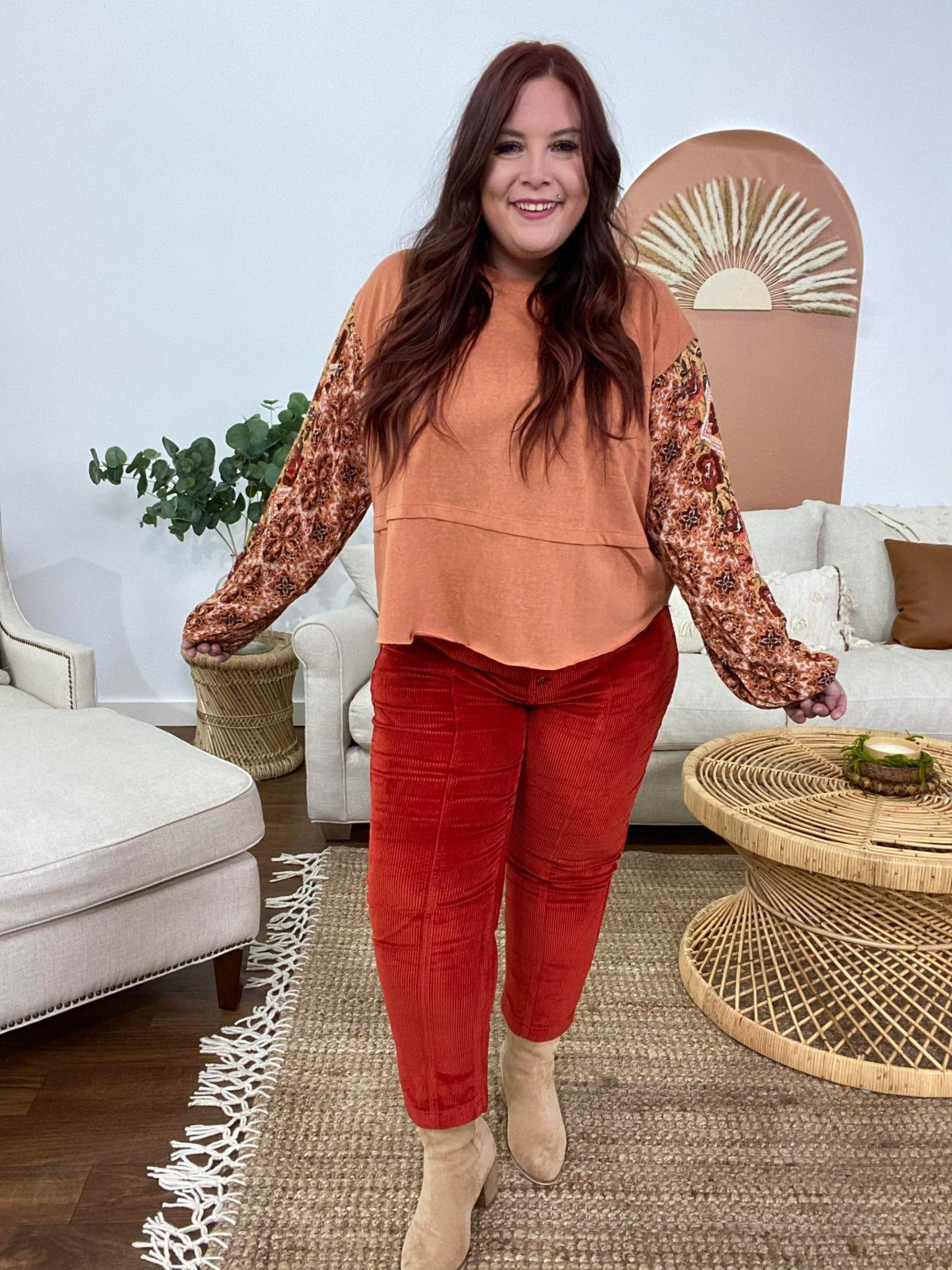Easel Printed Bubble Sleeve Asymmetrical Hem Top