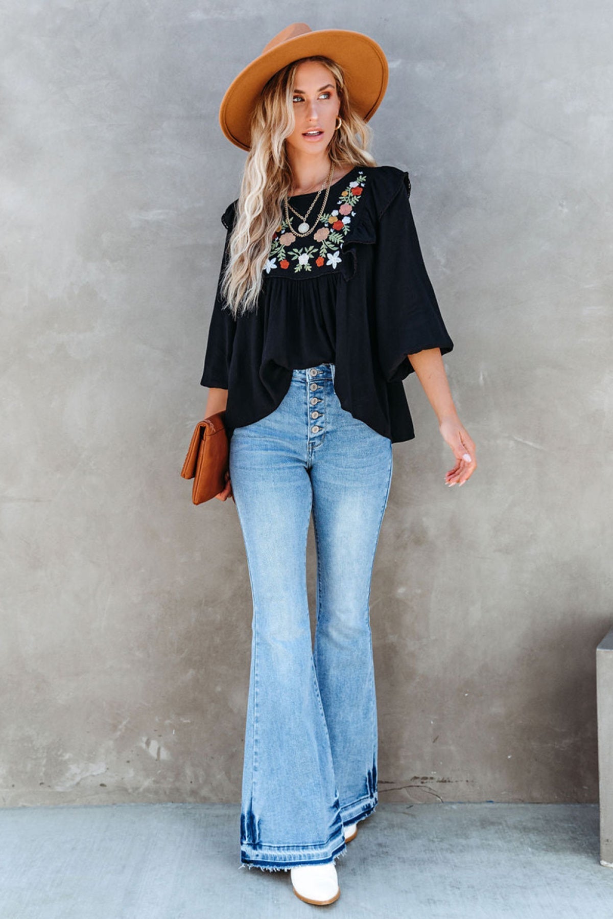 Black Bohemian Floral Embroidered Ruffled Babydoll Top