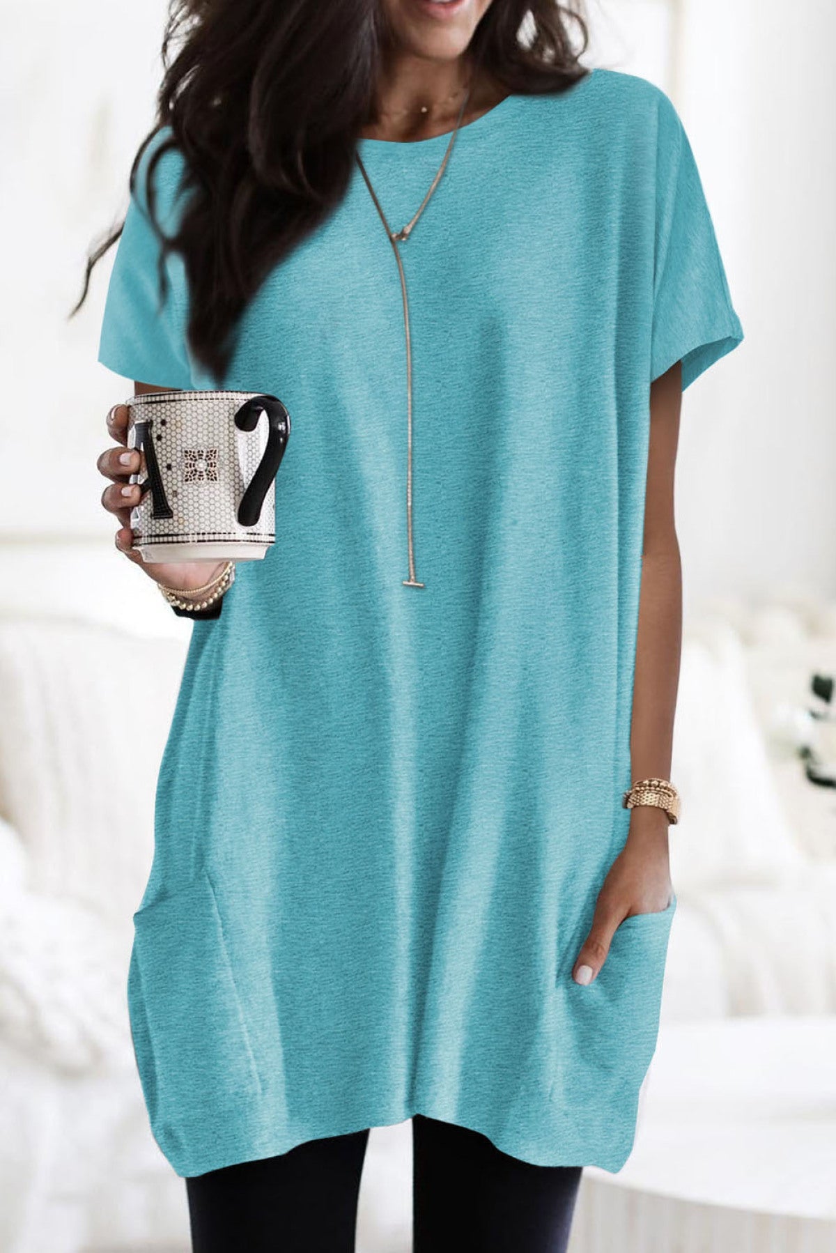 Side Pockets Short Sleeve Tunic Top