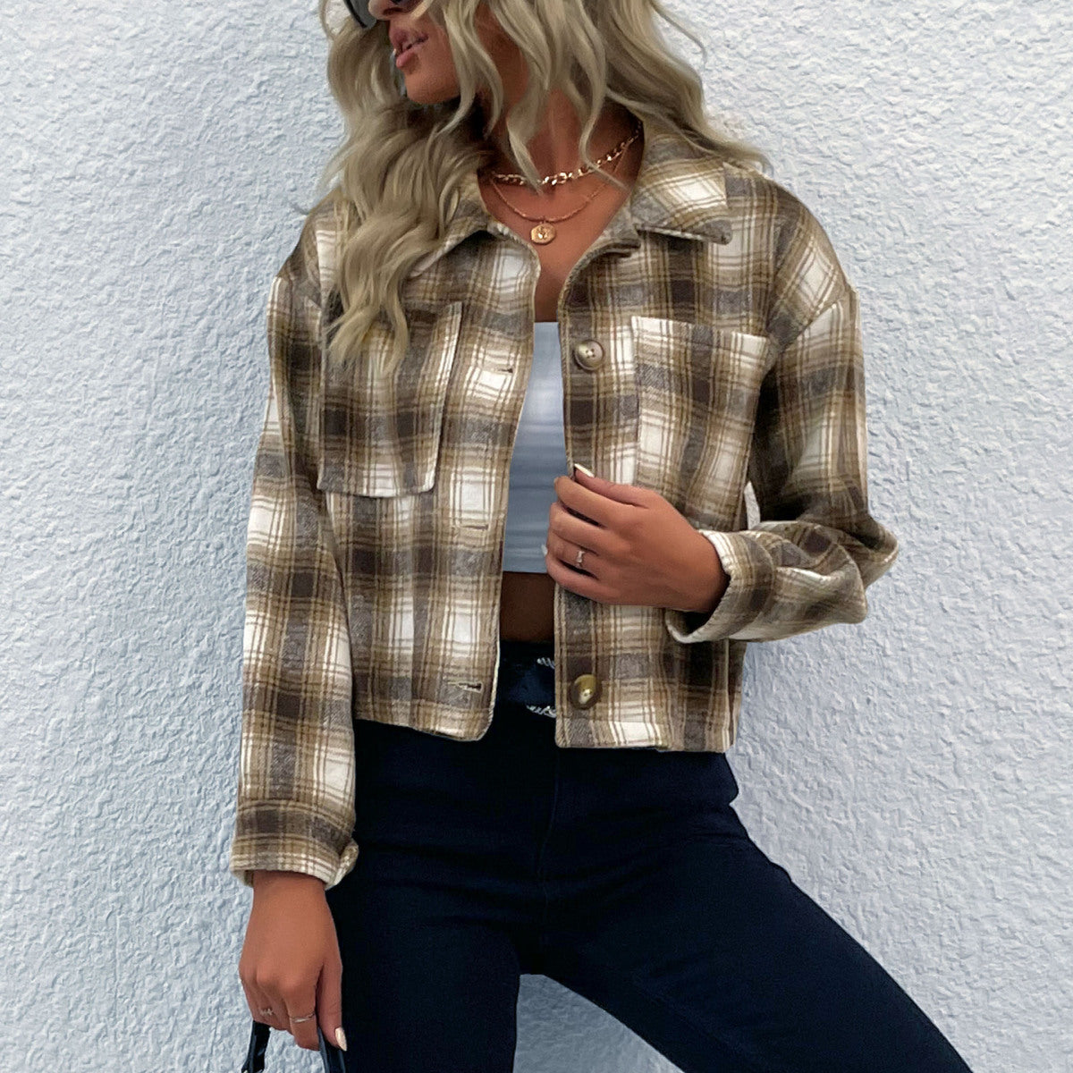 Collared Neck Long Sleeve Button Down Pocket Plaid Short Coat
