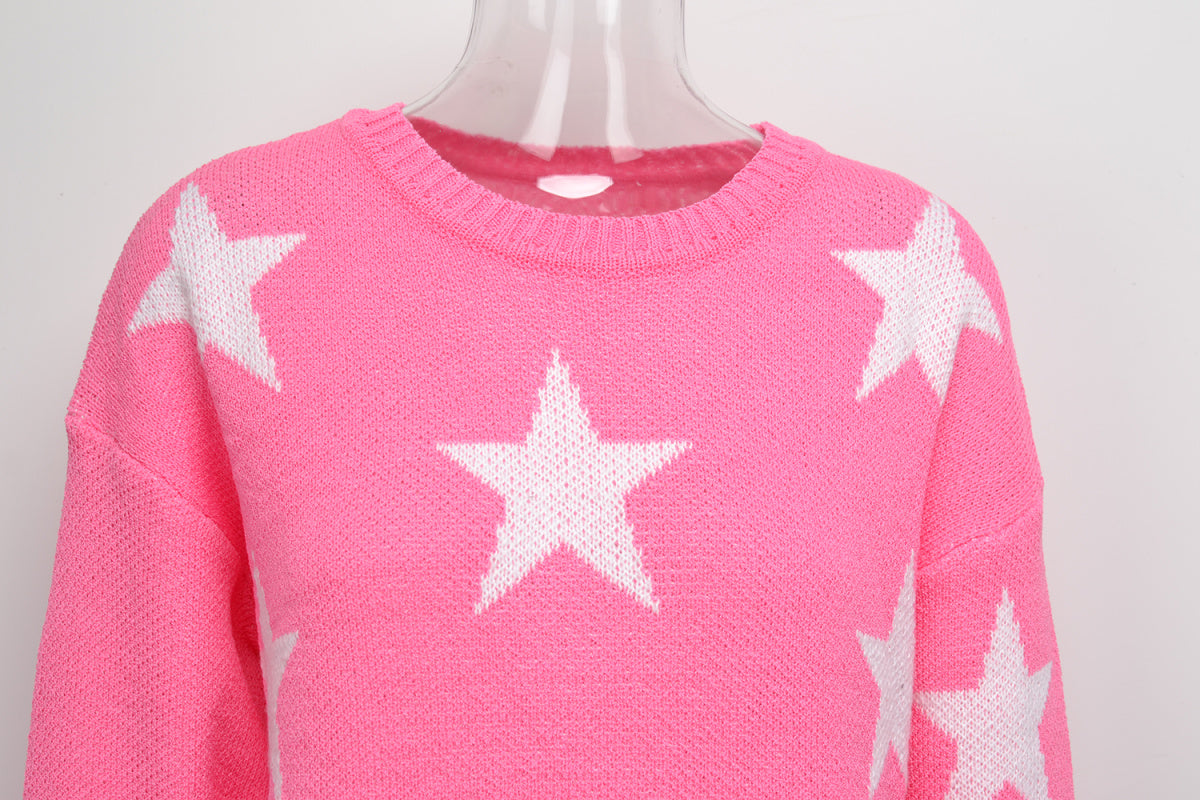 Crew Neck Long Sleeve Stars Graphics Sweater