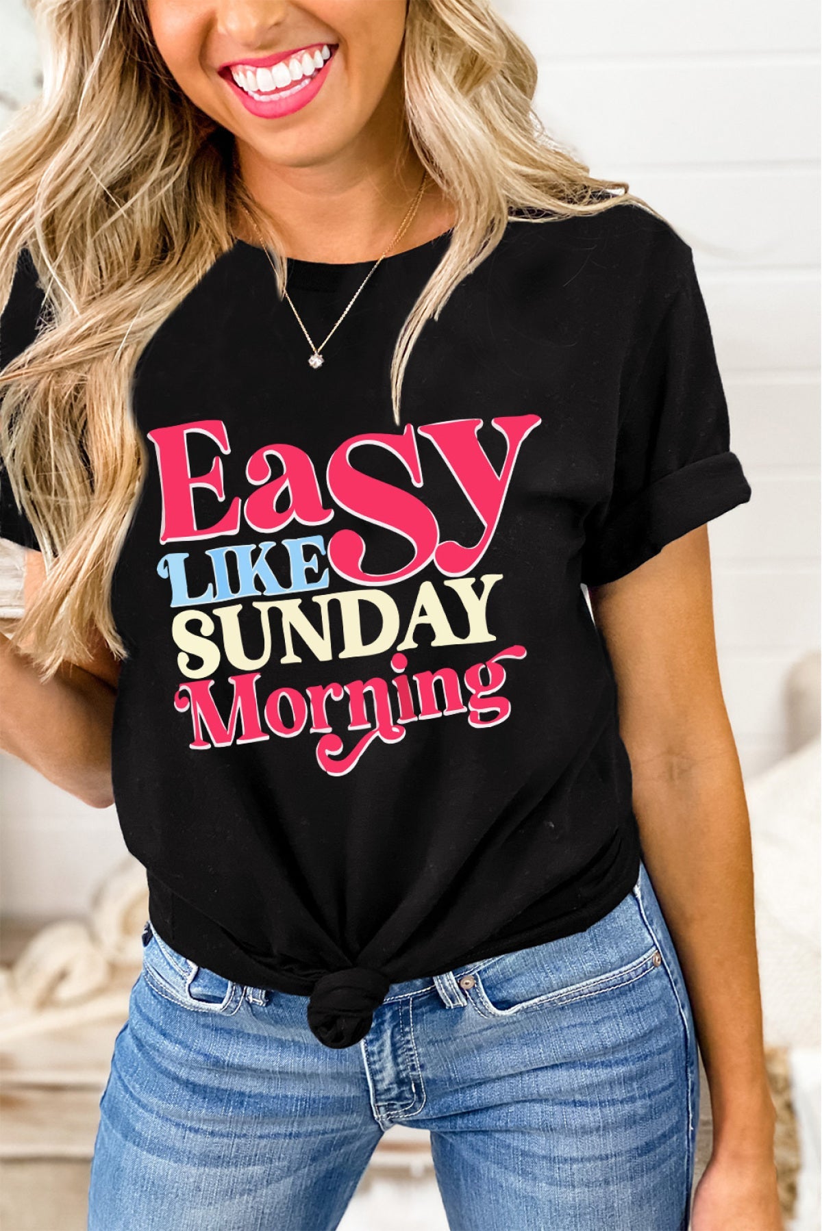 Black Easy LIKE SUNDAY Morning Letter Print T Shirt