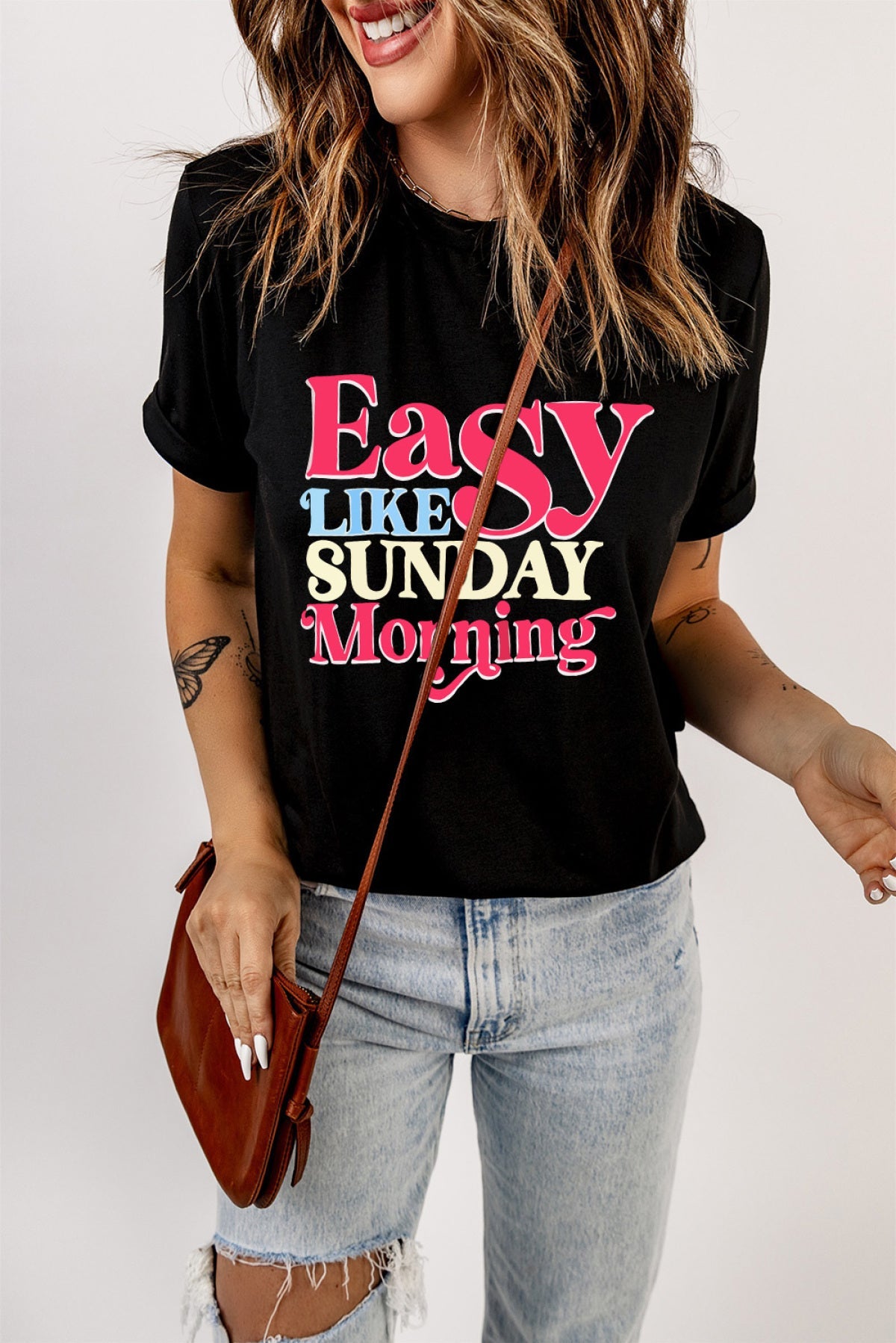 Black Easy LIKE SUNDAY Morning Letter Print T Shirt