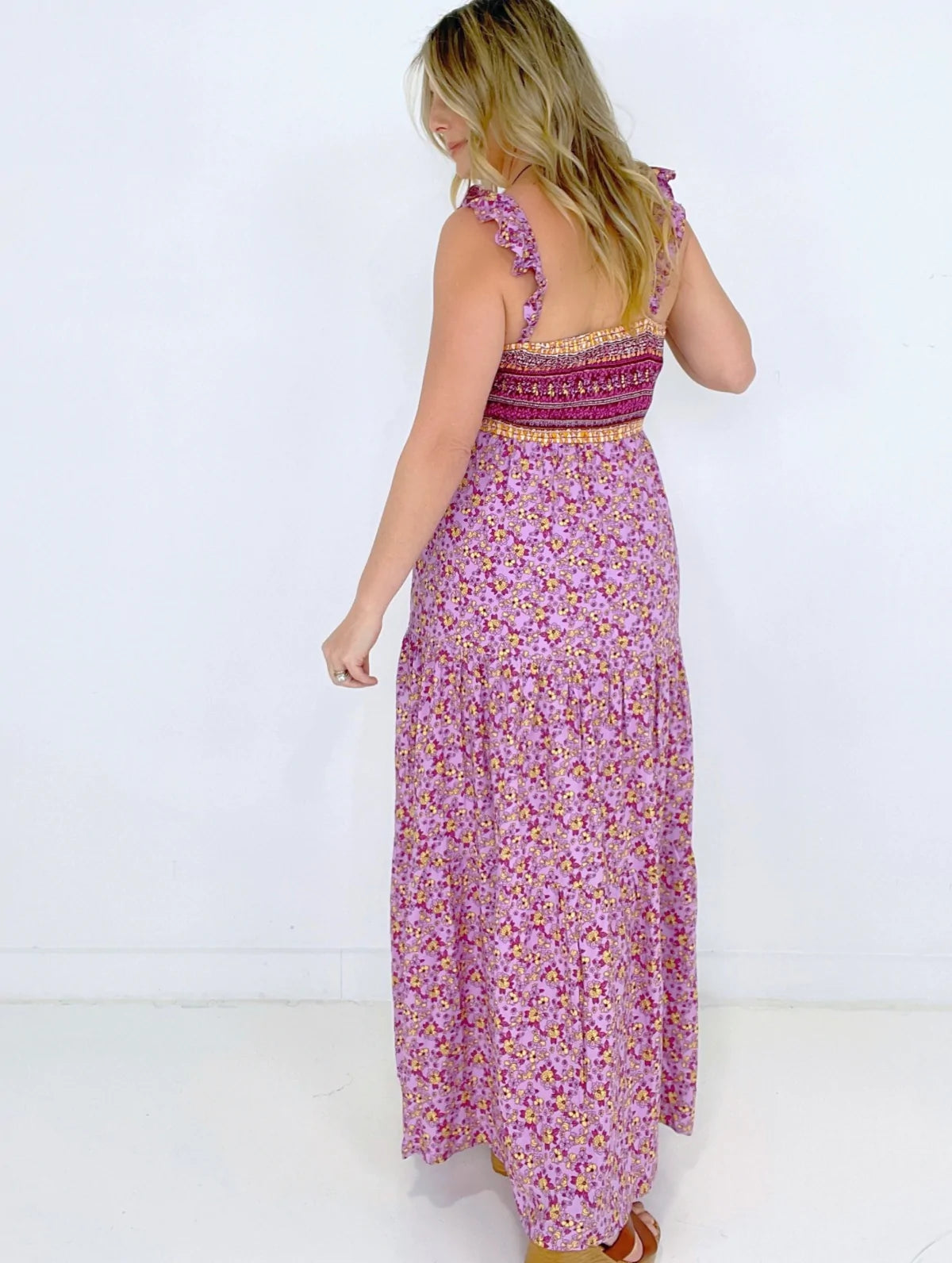 Pink Shirred Ruffled Sleeveless Floral Maxi Dress