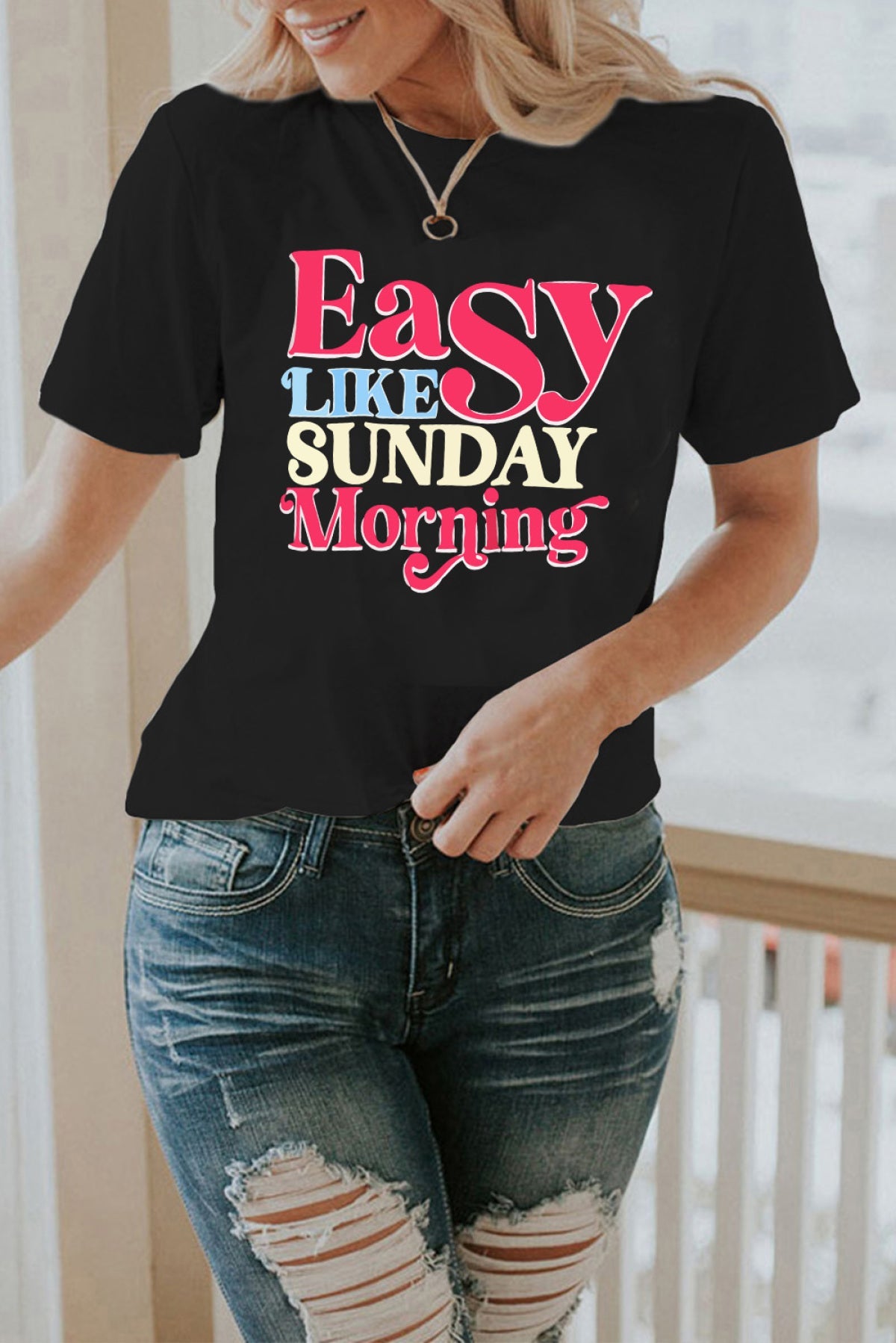 Black Easy LIKE SUNDAY Morning Letter Print T Shirt