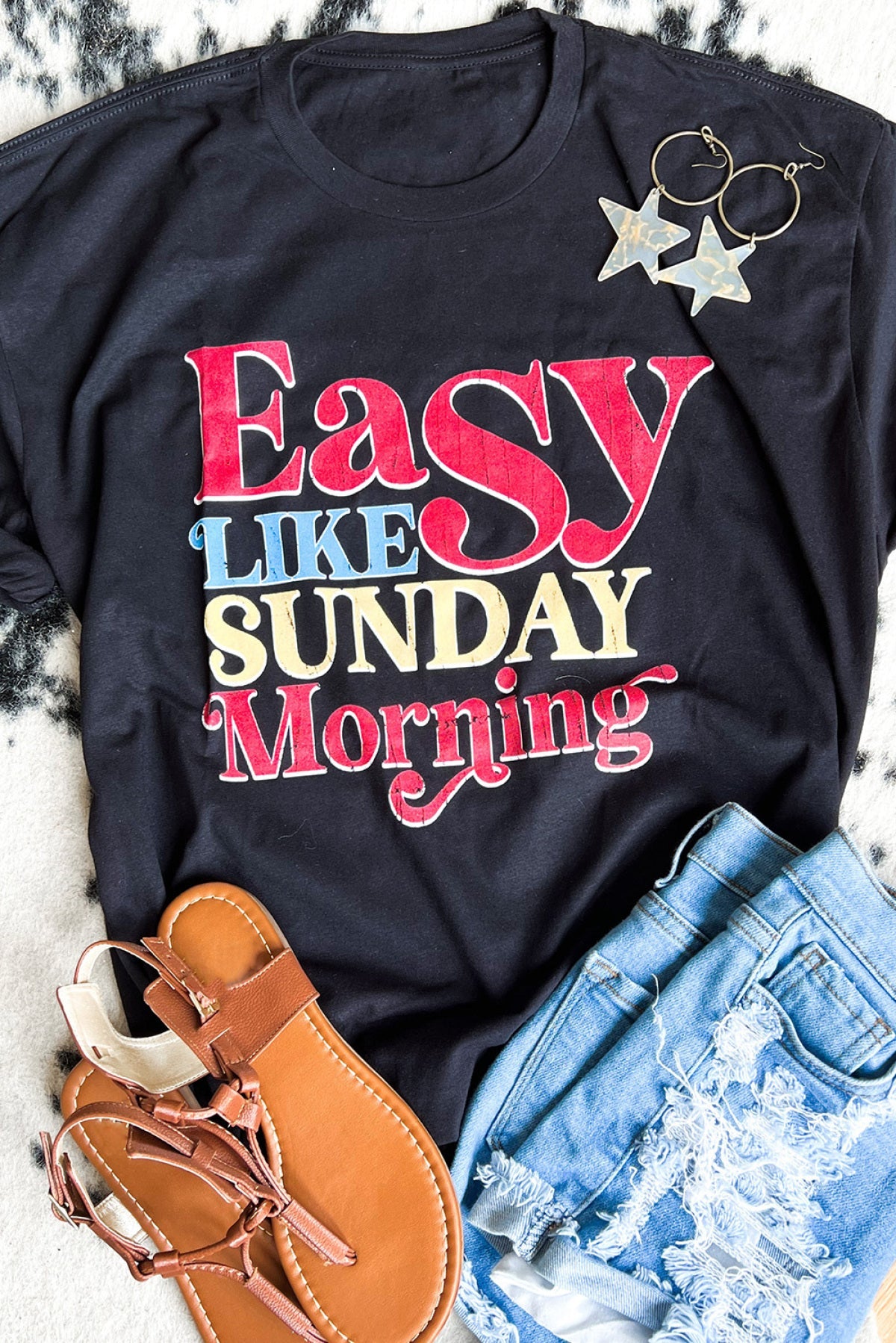 Black Easy LIKE SUNDAY Morning Letter Print T Shirt