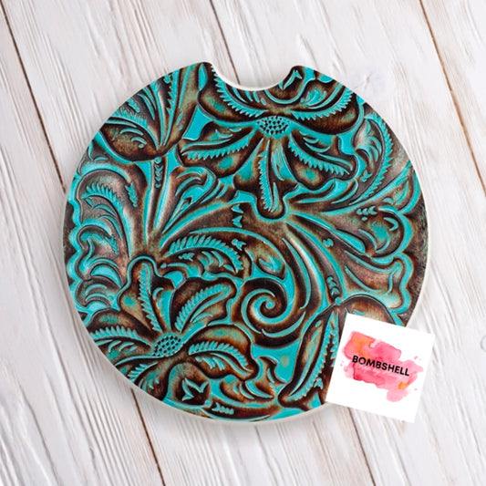 Western Turquoise Car Coaster - Set of 2