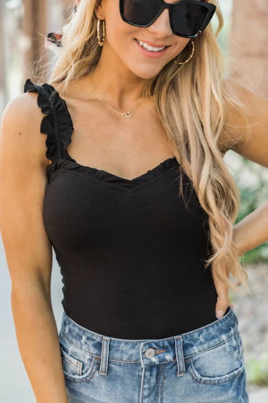 Copy of Solid Frilled Trim Ribbed Cami Bodysuit
