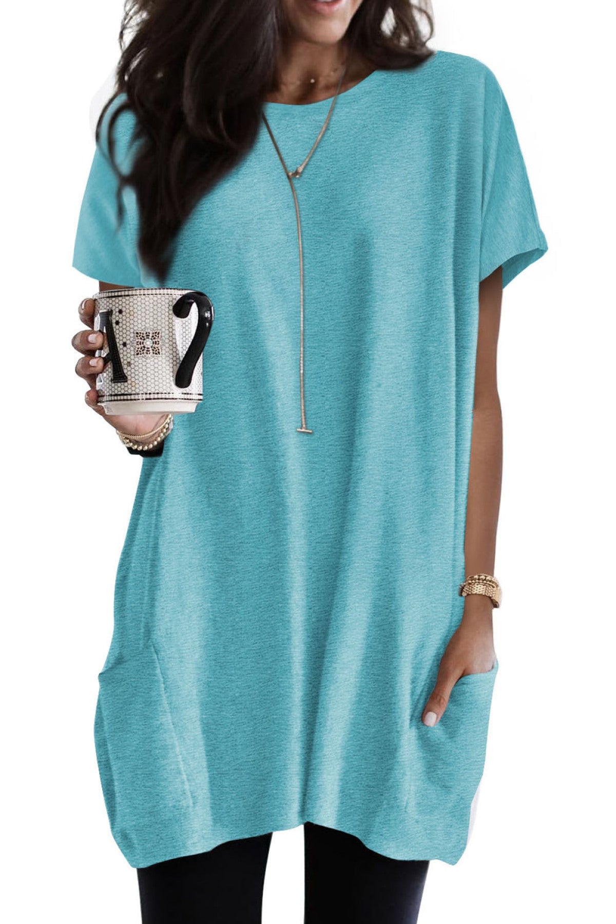 Side Pockets Short Sleeve Tunic Top