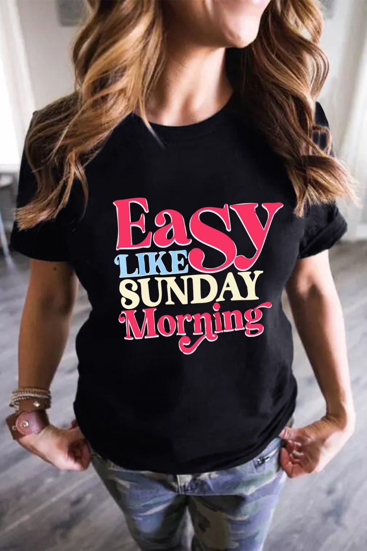 Black Easy LIKE SUNDAY Morning Letter Print T Shirt