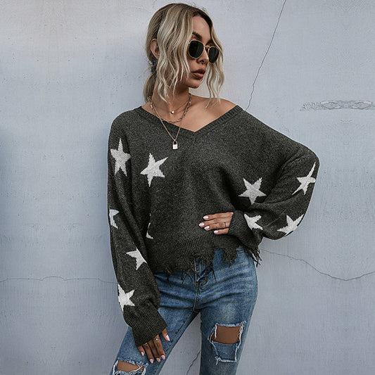 V-Neck Lantern Sleeve Star Fringe Hem Sweater