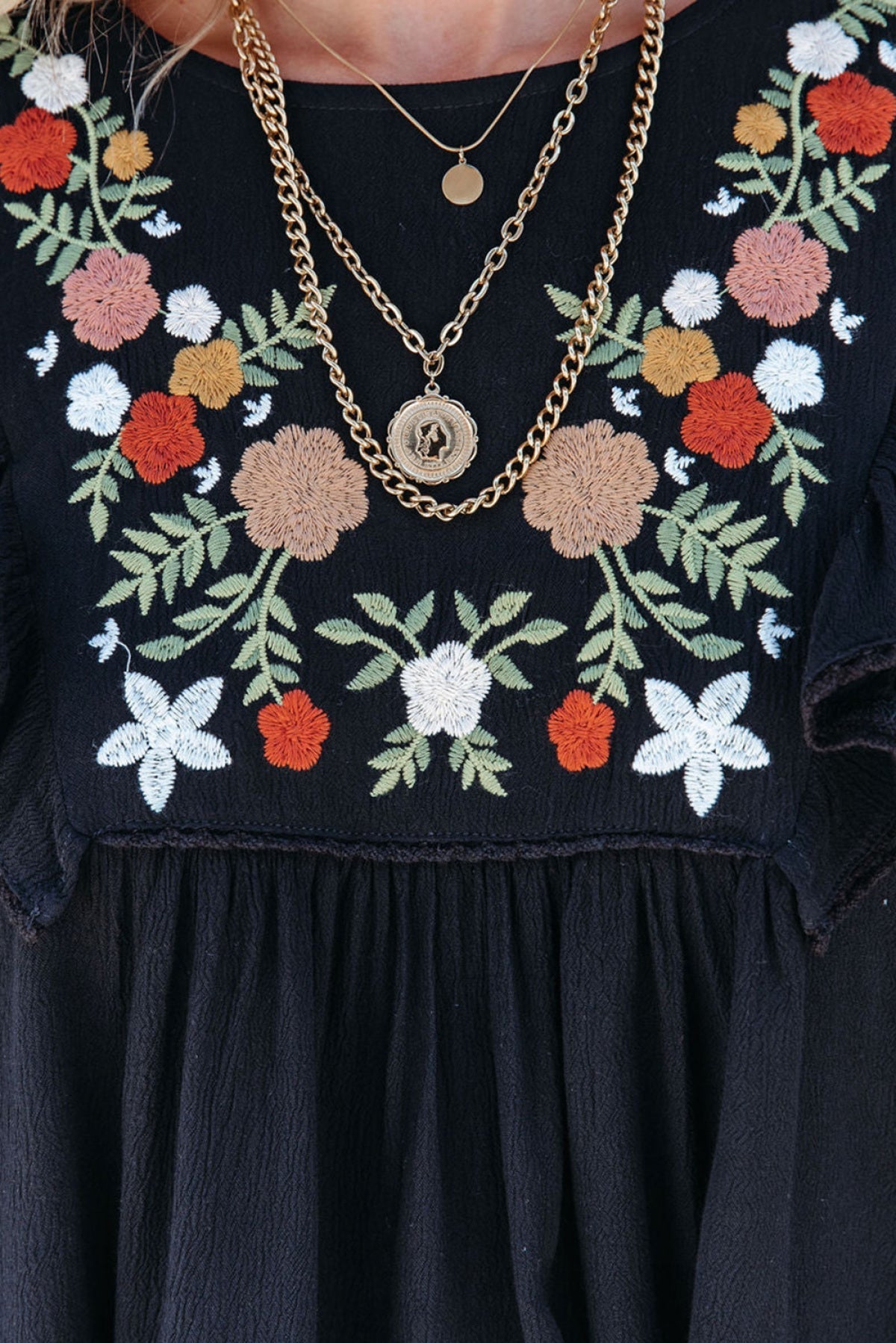 Black Bohemian Floral Embroidered Ruffled Babydoll Top