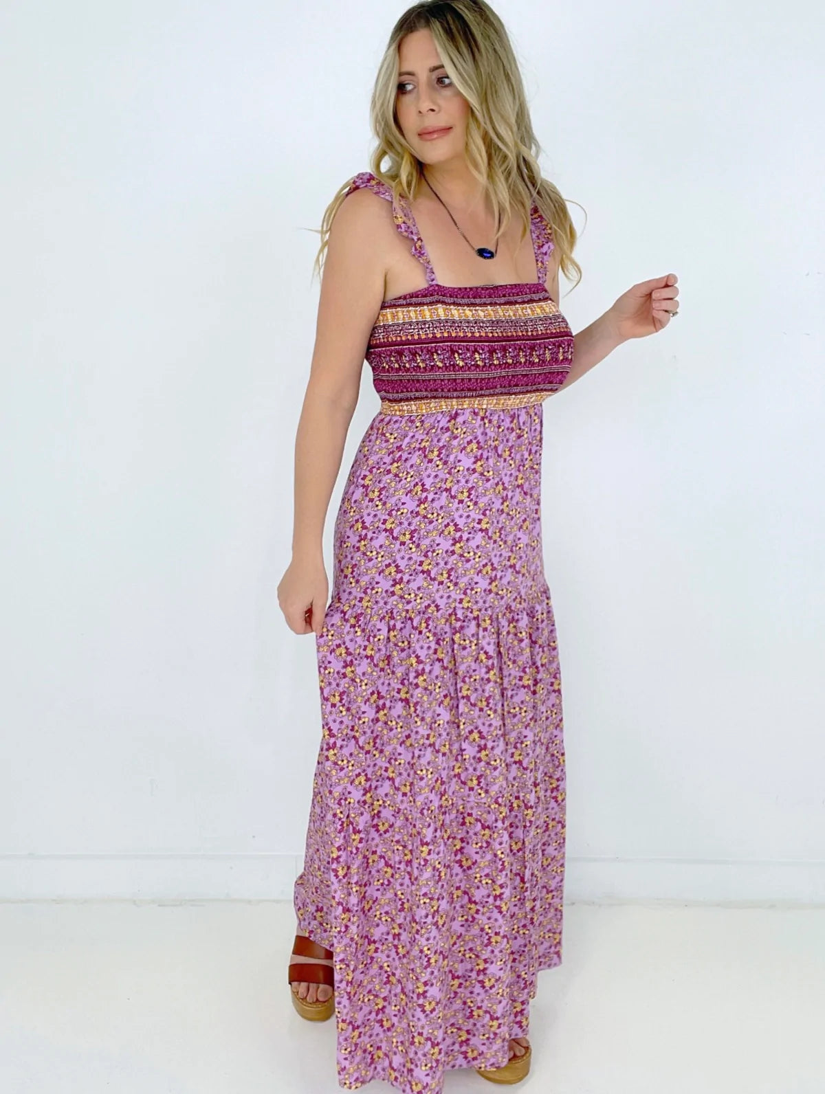 Pink Shirred Ruffled Sleeveless Floral Maxi Dress