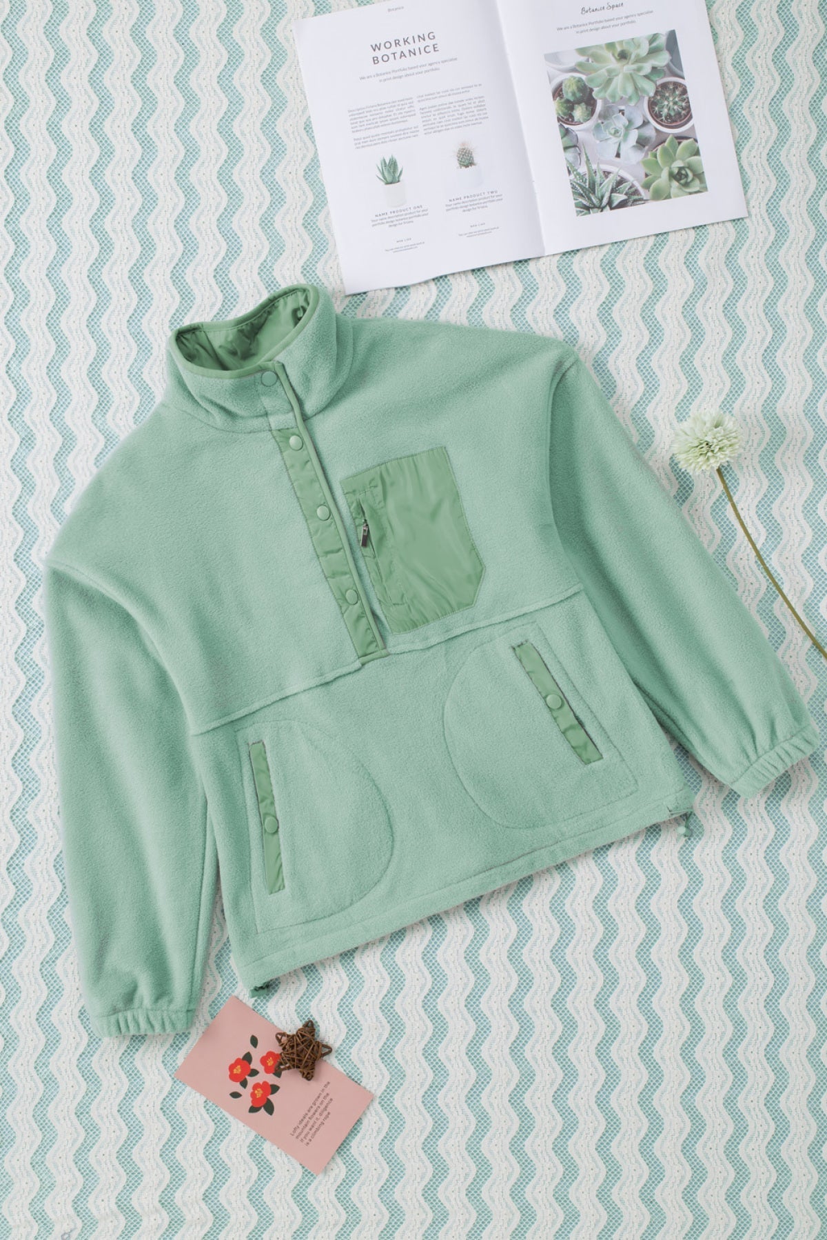 White Half Button Pocketed Fleece Pullover Sweatshirt