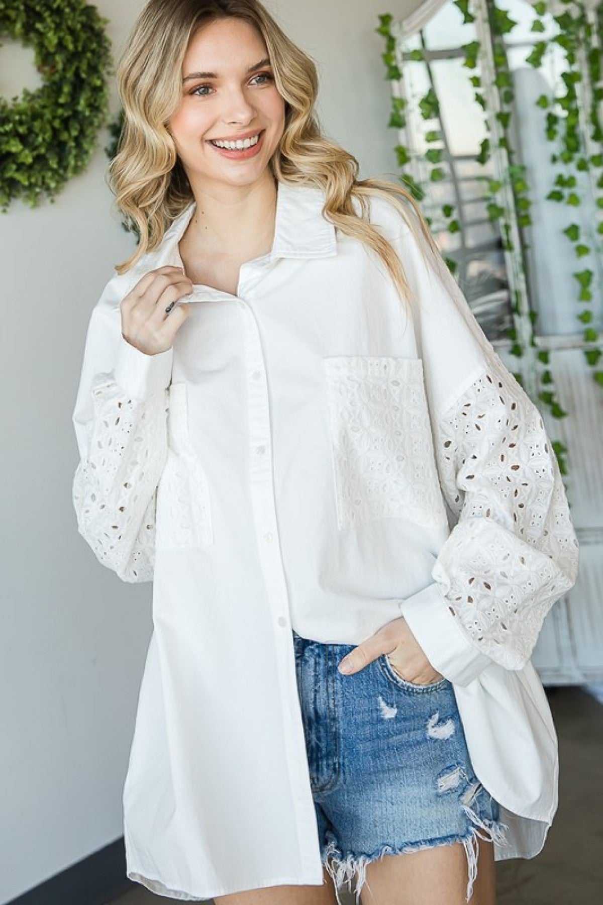 Oli & Hali "A Softer Side" Mineral Washed Eyelet Contrast Shirt
