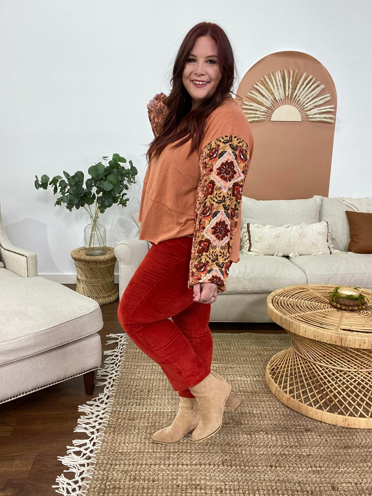 Easel Printed Bubble Sleeve Asymmetrical Hem Top