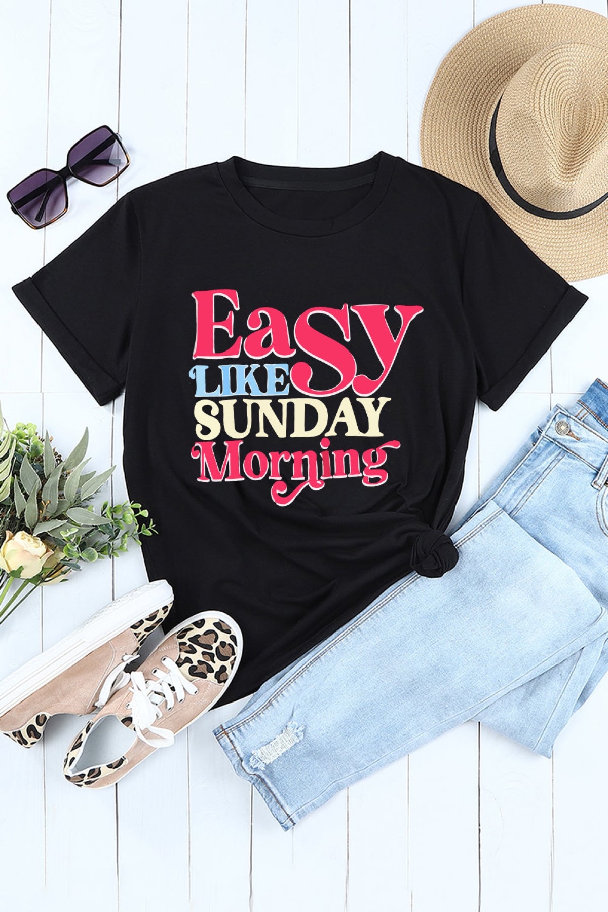 Black Easy LIKE SUNDAY Morning Letter Print T Shirt