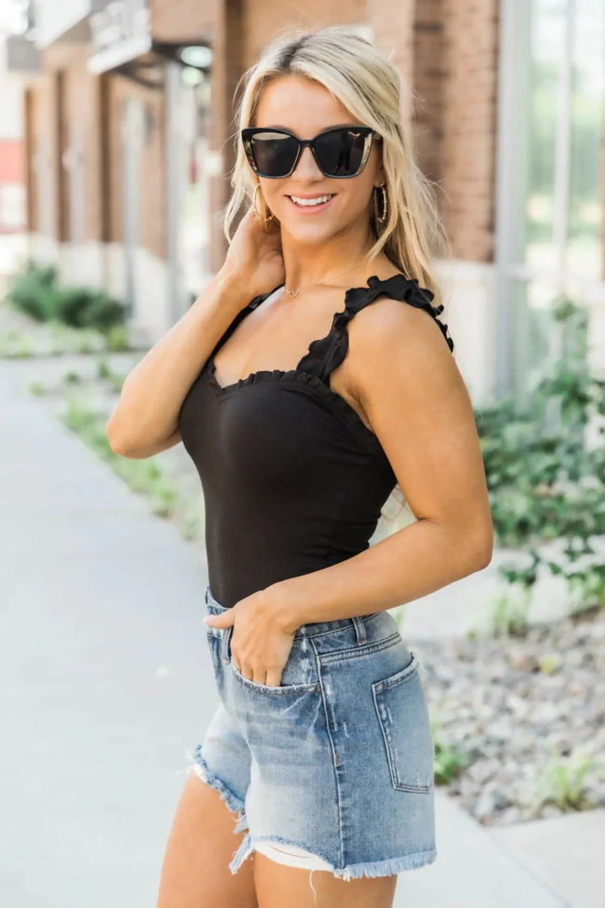 Copy of Solid Frilled Trim Ribbed Cami Bodysuit